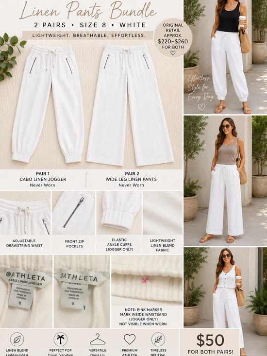 Athleta Pants - Athleta Women's White Linen Pants Bundle — Size 8 Jogger & Wide Leg - Never Worn